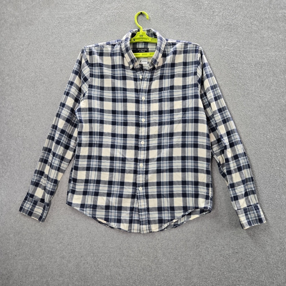 Abercrombie & Fitch Men Button Up Shirt L Blue White Plaid Long Sleeve Collar